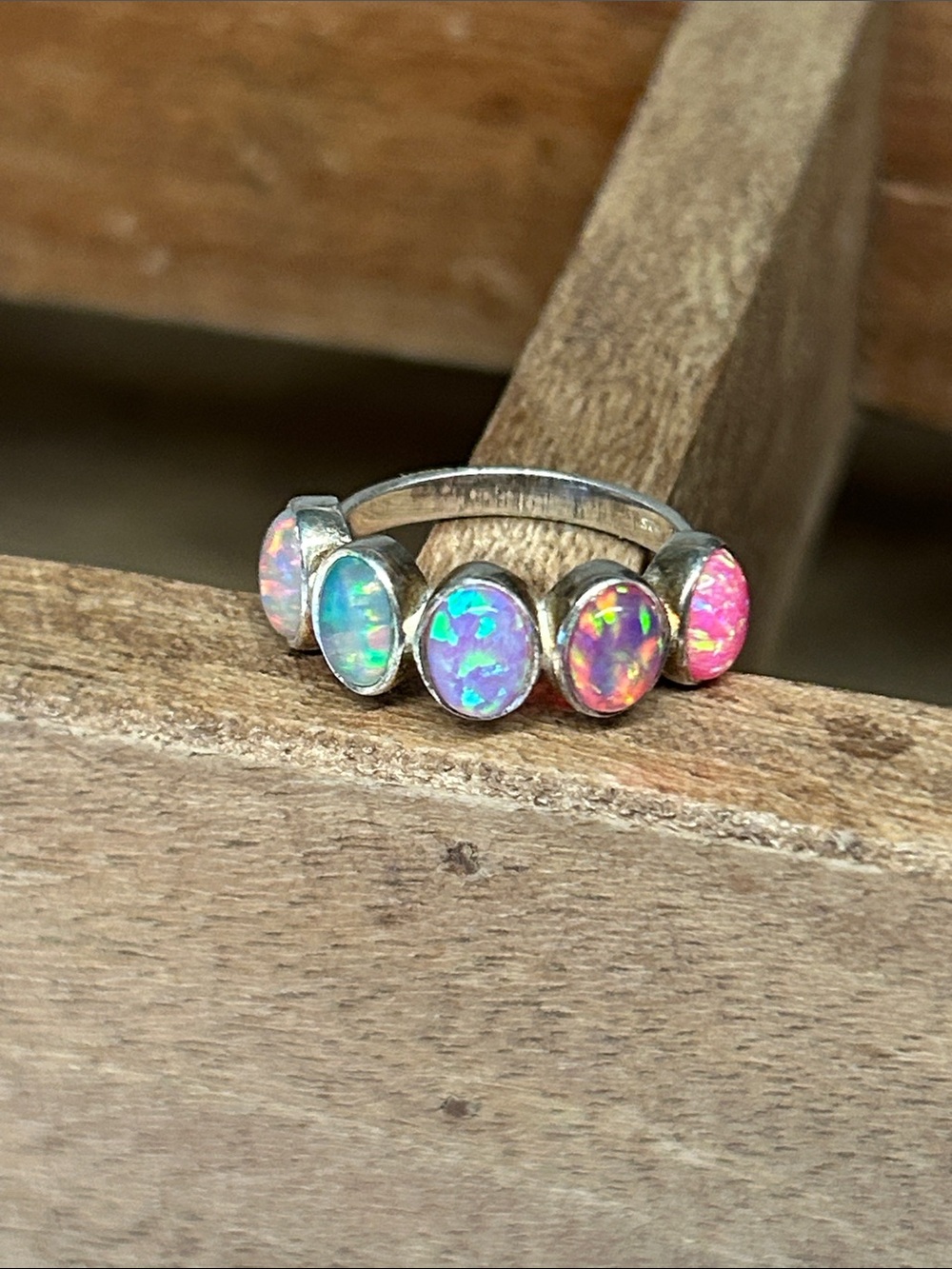 Vintage Multi-Opal Five-Stone Ring - Pink & Blue Iridescent